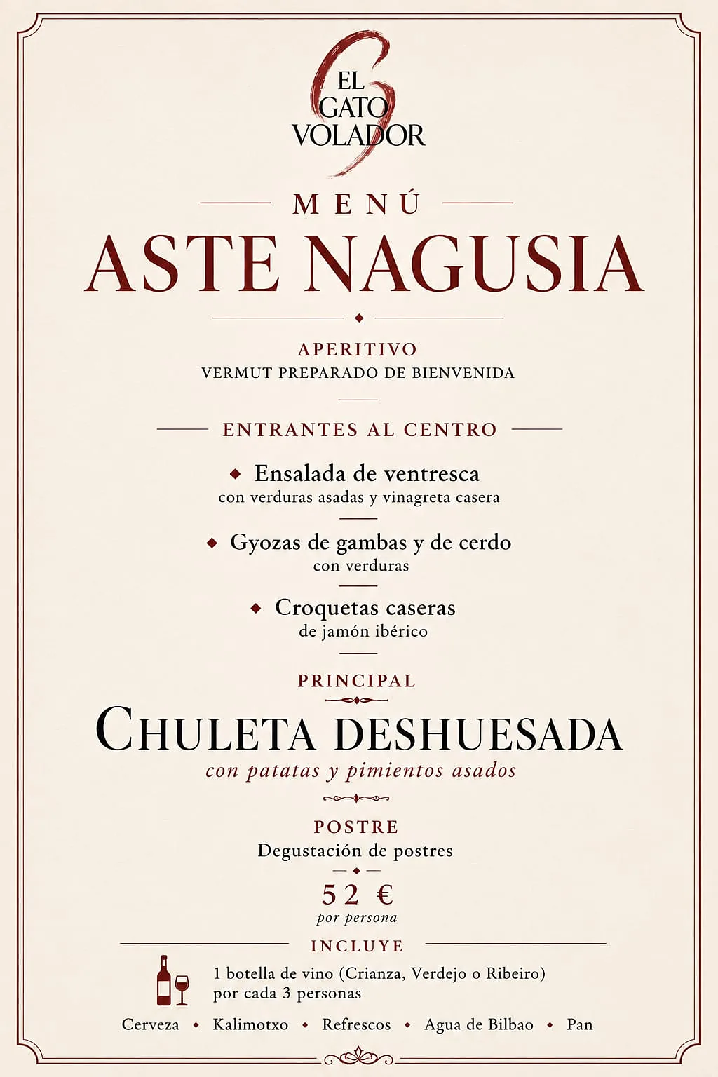 Carta del menú Aste Nagusia de El Gato Volador con aperitivo, entrantes, chuleta deshuesada y postre por 52 euros