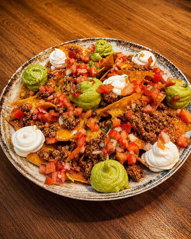 Fuente de nachos con carne, guacamole, pico de gallo y crema agria