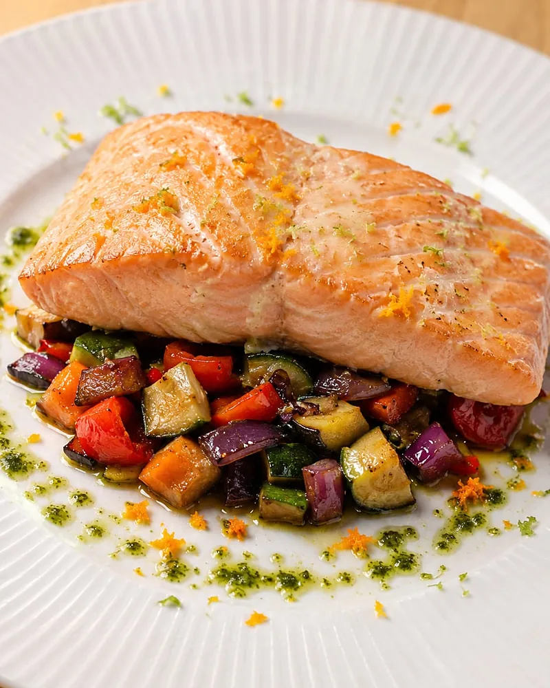 Lomo de salmón a la plancha sobre verduras asadas con aceite de hierbas