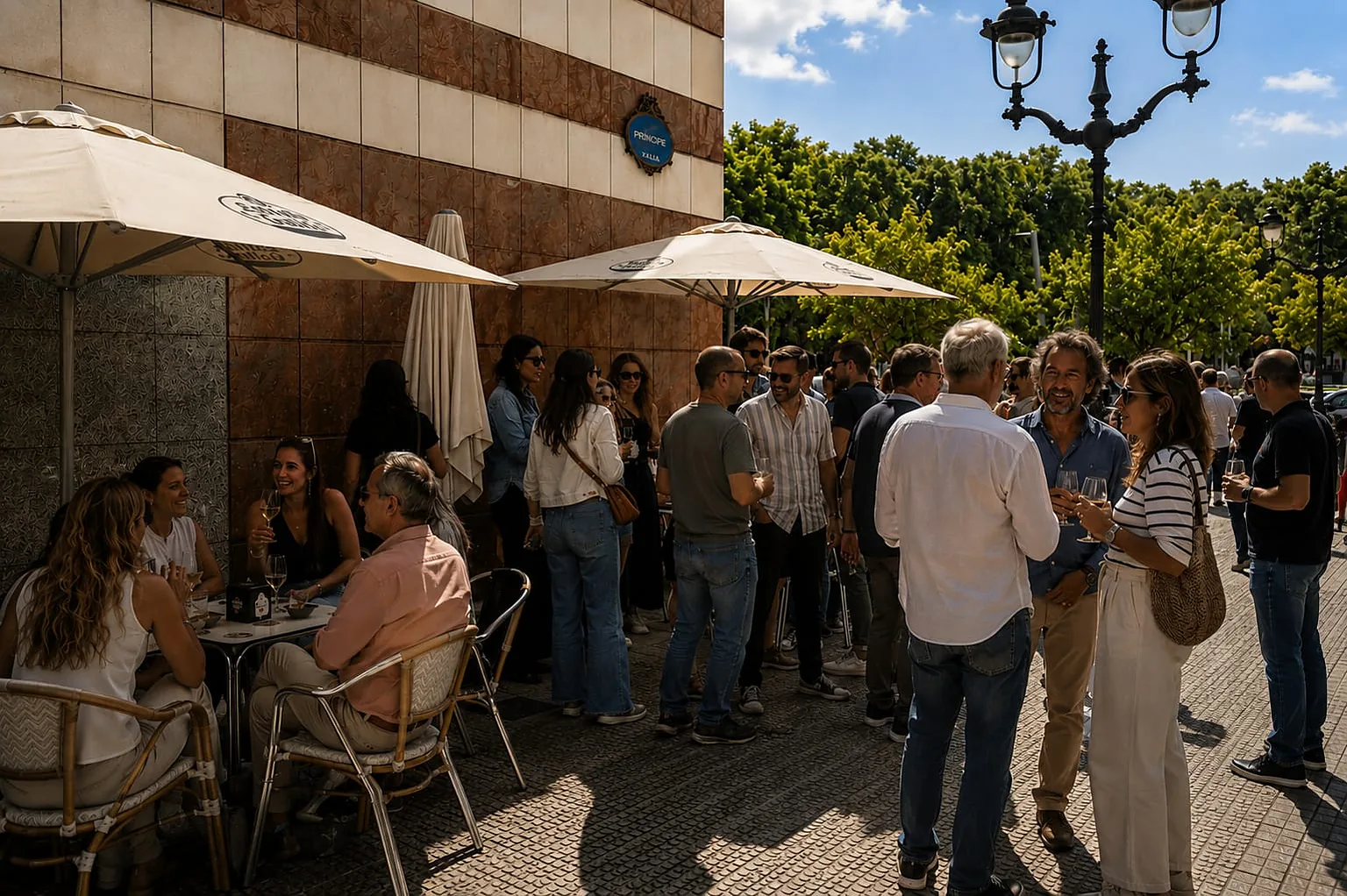 Terraza de El Gato Volador en Printzipe Kalea con sombrillas y clientes de pie tomando algo
